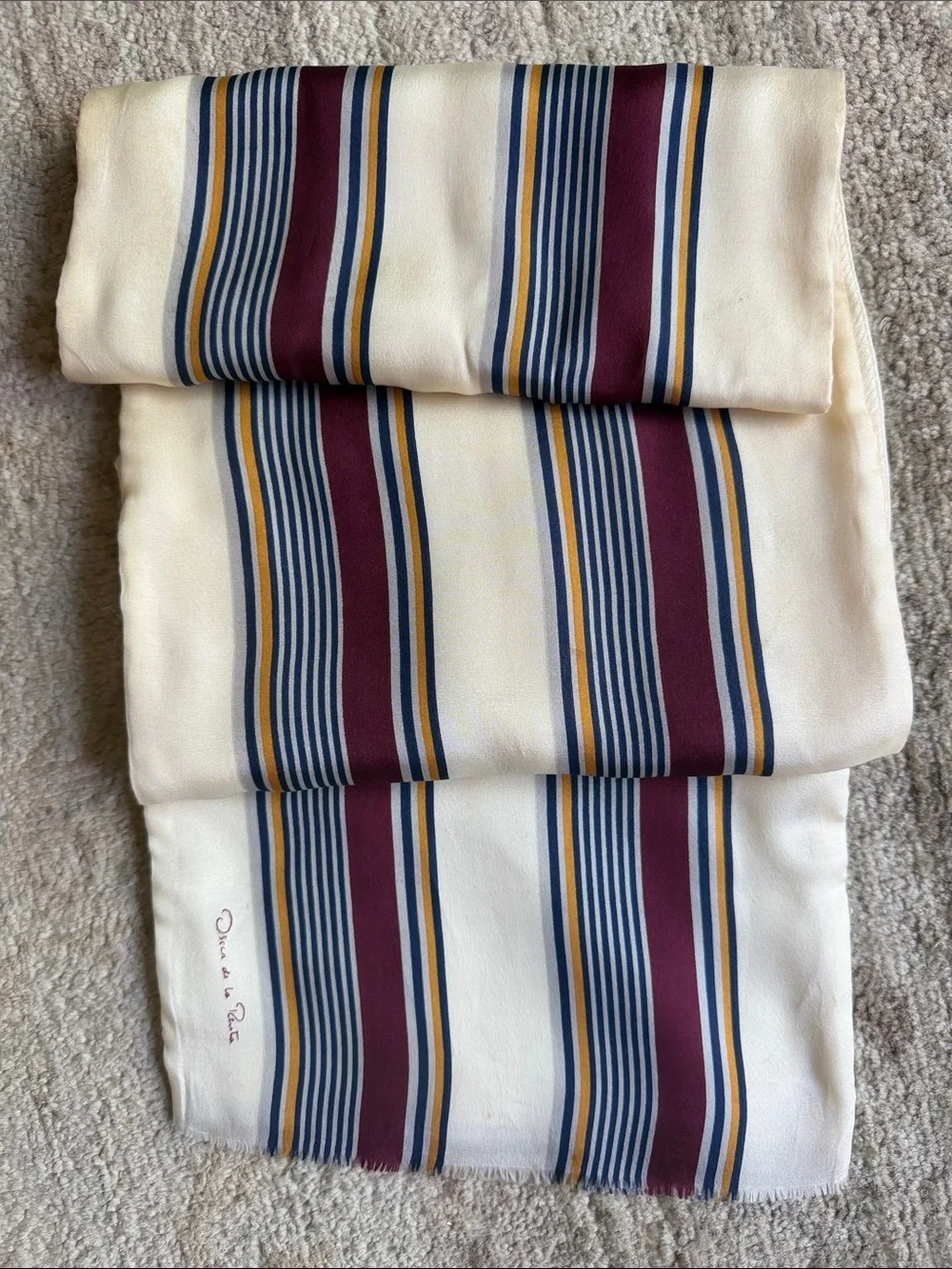 VTG Silk w/Wool lining Striped Opera Double-face Scarf Cream & Burgundy 1970s